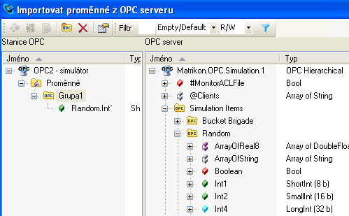 OPC explorer a OPC simulátor